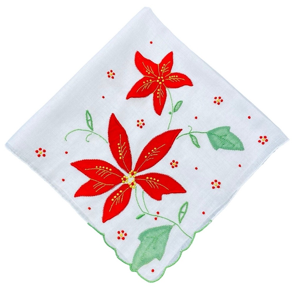 Christmas Holiday Embroidered Hanky Handkerchief Red Poinsettia Scalloped Edges